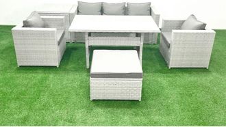 Fimous Fimous Garden Dining Set Outdoor Rattan Furniture Set with Sofa Dining Table 2 Chairs Big Footstool Side Table Light Grey Mixed