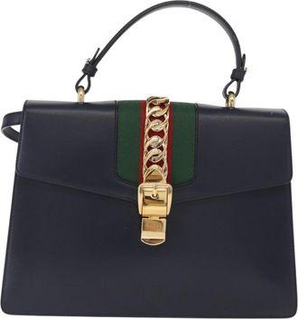 Gucci Sylvie Top Handle Bag Leather Navy Leather Handbag (Pre-Owned)