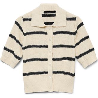 Vero Moda Cherry Stripe Short Sleeve Polo Cardigan in Birch Detail W/black at Nordstrom Rack, Size X-Large