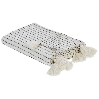 Beliani Colcha Decorativa Ropa De Cama Algod&oacute;n Con Borlas Blanco Crema 150 X 200 Cm Modar