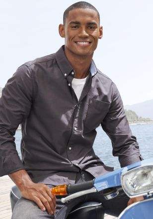 H.I.S Langarmhemd H.I.S regular-fit, Herren, Gr. XXL (45/46), N-Gr, grau (anthrazit), Web, Obermaterial: 100% Baumwolle, unifarben, regular fit, Rundhals, 2