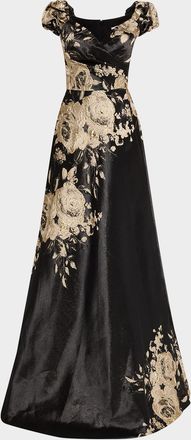 Teri Jon Cap-Sleeve Floral Metallic Jacquard Gown