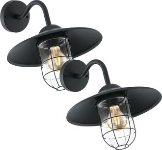 Loops 2 PACK IP44 Outdoor Wall Light Black Cage Fisherman Shade 60W E27 Porch Lamp