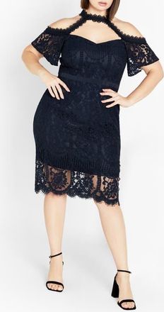 City Chic Pippa Cutout Lace Overlay Cocktail Midi Dress in Navy at Nordstrom, Size Xs