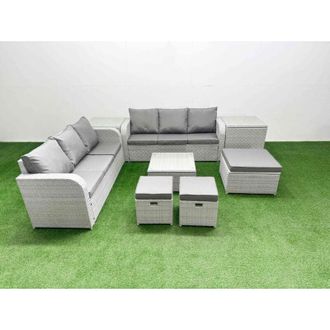 Fimous Outdoor Garden Furniture Sets 9 Seater Wicker Rattan Furniture Sofa Sets with Square Coffee Table high Back Lounge Sofa 3 Stools 2 Side Table Light