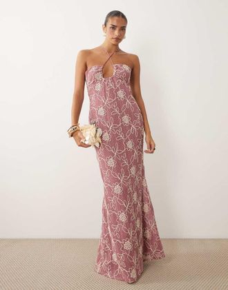 Asos Vestito lungo rosa alluncinetto ricamato con scollo rotondo a U