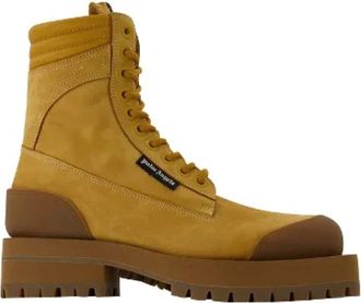 Palm Angels Beige Su&egrave;de Kalfsleren Enkellaarsjes - Dames - Veterlaarzen - Beige - 38 EU - Su&egrave;de - Schoenen
