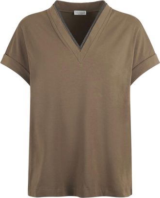 Brunello Cucinelli Tops, Dames, Bruin, S, Katoen, T-Shirt Monile