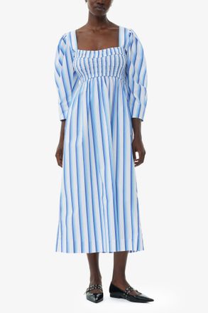 Ganni Blue Striped Cotton Smock Long Dress - Size 34 Organic
