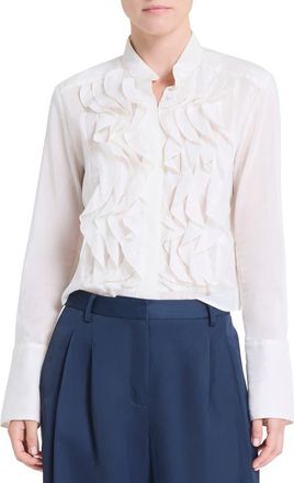 TWP Patti Ruffle Front Cotton & Silk Button-Up Shirt in White at Nordstrom, Size Large
