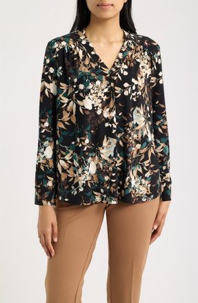 Anne Klein Printed Notched V-Neck Long Sleeve Top in Anne Black/treeline Multi at Nordstrom, Size X-Small