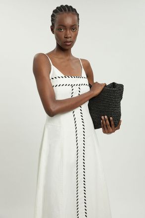 Karen Millen Womens Tailored Linen Blend Contrast Stitch Midi Dress - White Cotton - Size 18 UK