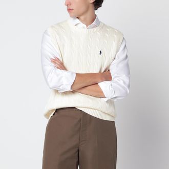 Polo Ralph Lauren Gilet in maglia intrecciata color crema in cotone