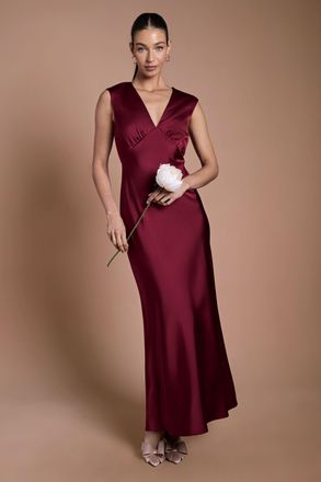 Oasis Womens Wine Satin Open Back Detail Maxi Bridesmaid Dress - Size 12 UK