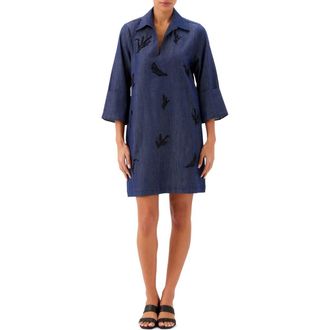Karen Kane Cuffed Sleeve Embellished Shirtdress in Indigo at Nordstrom, Size X-Small