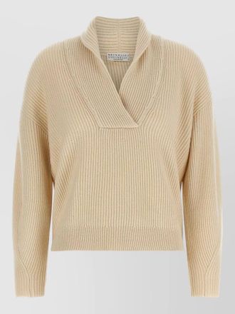 Brunello Cucinelli cashmere ribbed v-neck shawl collar sweater