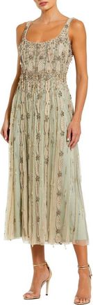 Mac Duggal Petite Embellished Scoop Neck Mesh Midi Dress in Nude Sage at Nordstrom, Size 8P
