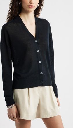 Nordstrom V-Neck Linen & Viscose Cardigan in Black at Nordstrom, Size Xx-Small