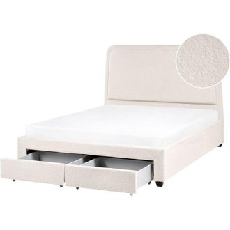 Beliani Cama Escandinava De Boucl&eacute; Con Cabecero 140 X 200 Cm Tapizada Con 2 Cajones Y Somier De L&aacute;minas Blanco Crema Sardent
