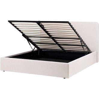 Beliani Ottoman Bed Light Beige Fabric Upholstery EU King Size 5ft3 with Wide Headboard and Storage Lift-Up Slatted Base BRENON