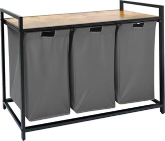 Relaxdays Relaxdays Cesto Ropa Sucia 3 Sacos, 150 L, Estante Madera, 73,5x109,5x33 Cm, Gris/natural