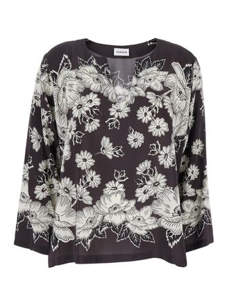 P.A.R.O.S.H. White And Black Blouse With V-Neck And All-Over Floral Pattern In Silk Woman