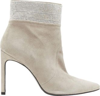 Stuart Weitzman Highbeams grey fossil suede crystal embellished bootie EU38.5