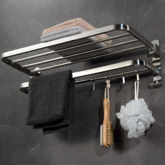 OEM Toallero De Ba&ntilde;o Crezuo, Estante Plegable De Pared Con 2 Niveles De Almacenamiento Y 4 Ganchos.-crezuo