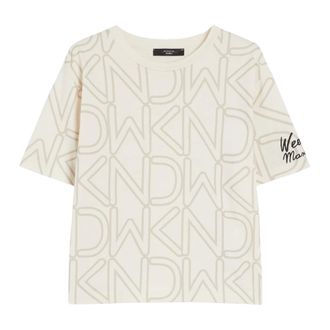 Max Mara T-Shirts, female, Beige, Size: M Cotton Boxy T-Shirt with All Over Print and Embroidery