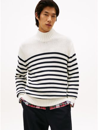 Tommy Hilfiger Mens Relaxed Breton Stripe Mockneck Sweater - White - XL