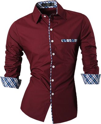 Jeansian Mens Fashion Slim Long Sleeves Casual Shirts Dress Shirts Tops Z020 WineRed XL