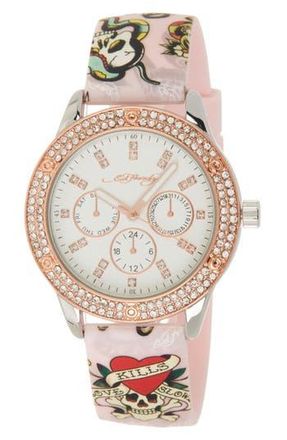 Ed Hardy Crystal Skull Silicone Strap Watch, 38mm x 44mm in Matte Pink at Nordstrom Rack