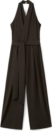 Mango Halter Tie Waist Wide Leg Faux Wrap Jumpsuit in Brown at Nordstrom, Size Small