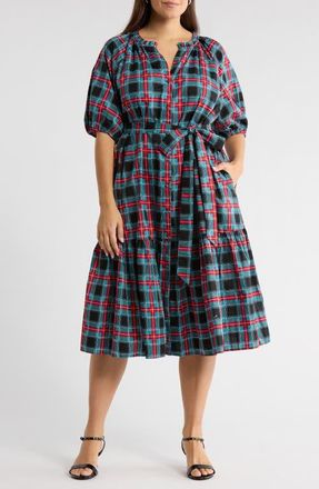 Sugarlips Winston Plaid Tie Waist Cotton Midi Dress in Multi-Plaid at Nordstrom, Size 1 X