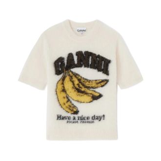 Ganni T-Shirts, female, White, L, Fine Brushed Alpaca Banana T-Shirt