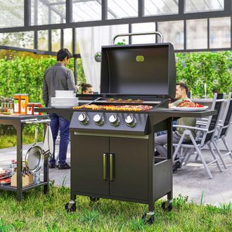 OUTSUNNY Gas Grill Portable BBQ Trolley w/ 4 Wheels & Side Shelves in Black