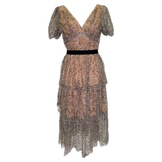 Self Portrait Pre-owned Womens Tiered Sequined Tulle Midi Dress in Beige - Size 8 UK