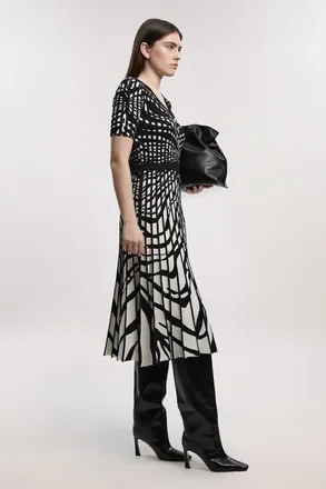 Karen Millen Womens Zebra Jacquard Knit Full Skirted Short Sleeve Midi Dress - Monochrome Multi - Size X-Small