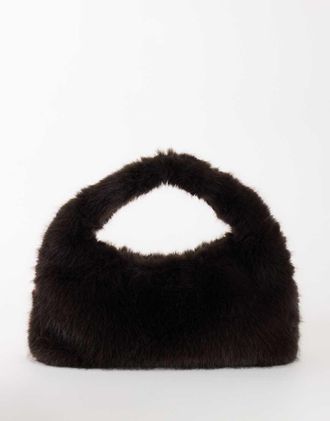 Topshop Tully borsa a spalla grande in pelliccia sintetica color cioccolato-Marrone