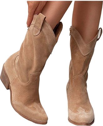Generic Cowboy Boots for Women Mid Calf Solid Western Boots Pointed Toe Low Block Heel Side Zipper Womens Boots Comfortable and Fashion Anti-Slip Wide Calf Bo