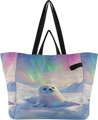 Generic Seal White pattern Reusable Canvas Tote Bag, Heavy Duty Grocery Shopping Bag with Large Capacity Double Handles Hard Bottom Work Groceries Travel