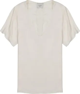 Alysi Neutrals Deep V-Neck Short Sleeves Silk Blouse