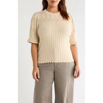 Wit & Wisdom Frill Sleeve Mixed Stitch Cotton Blend Sweater in Deep Macadamia at Nordstrom, Size 2 X