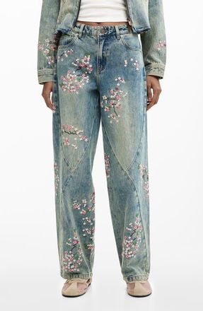 Desigual Floral Embroidery Straight Leg Jeans in Medium Blue at Nordstrom, Size 36