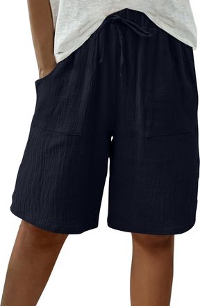 Generic Linen Shorts for Women UK Summer Knee Length Bermuda Shorts Baggy Straight Wide Leg Ladies Short Pants Casual Drawstring Beach Tracksuit Bottoms with 