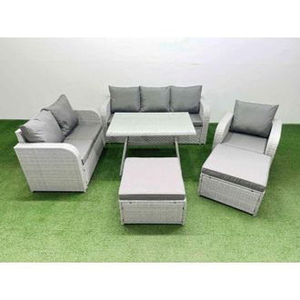 Fimous Rattan High Back Lounge Sofa Set Patio Dining Table & Chairs Set with 3 Seater Sofa Reclining Chair 2 Big Stool Light Grey - Fimous
