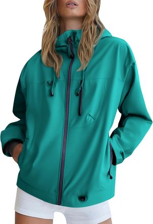 Generic Oversized T Shirts for Women Rain Jacket for Women Waterproof Full Zip Long Sleeve Hooded Jackets Lightweight Packable Hiking Outerwear Ladies Autumn 