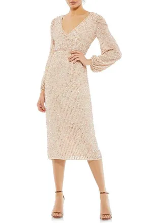 Mac Duggal Sequin Faux-Wrap Cocktail Dress with Puff-Shoulder Sleeves & Midi Skirt in Beige at Nordstrom, Size 2