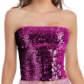 Generic Fashion Mardi Holiday Womens Sparkling Sequins Stretch Clubwear Tube Top Simple Top (Hot Pink, One Size)