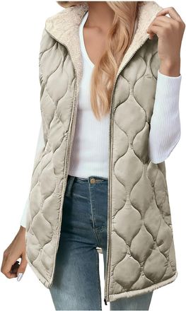 Generic Womens Quilted Gilet Teddy Fleece Jacket Body Warmers Winter Vest Fleece Lined Long Hooded Padded Puffer Jackets Full Zip Up Ladies Winter Coats Warm 